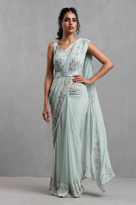 Ice Blue Gota Work Organza Draped Saree