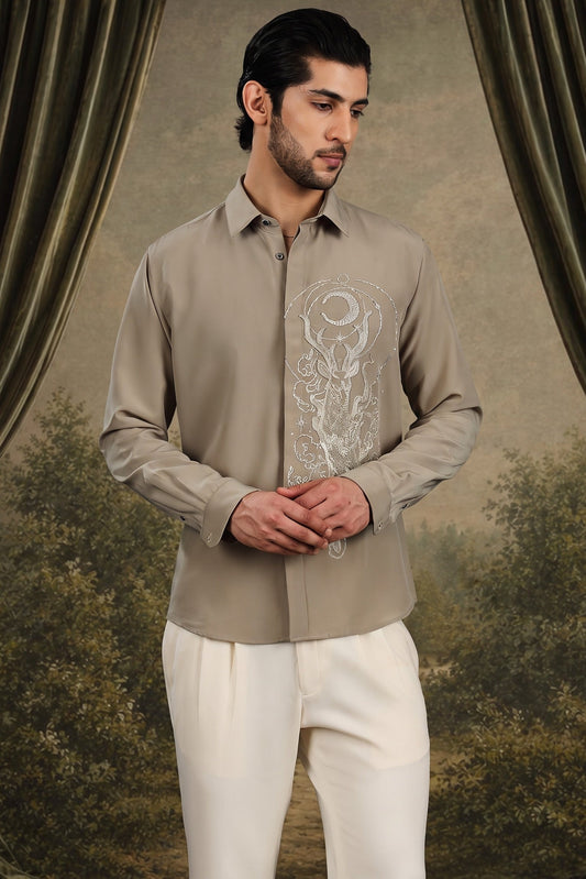Beige Celestial Stag Embroidered Shirt