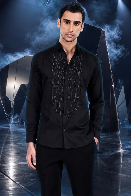 Black Cotton Satin Bead Trail Shirt