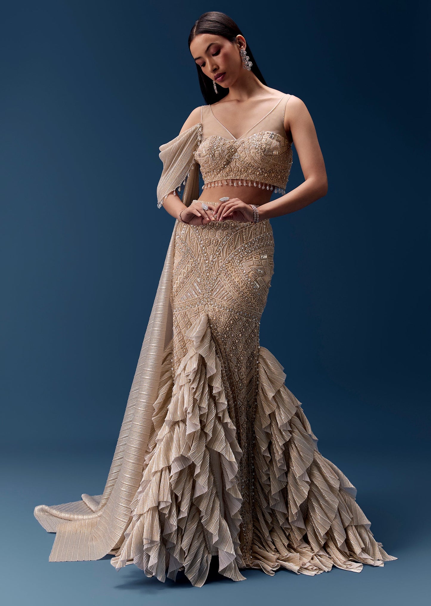 Gold Draped Lehenga With Embellished Blouse