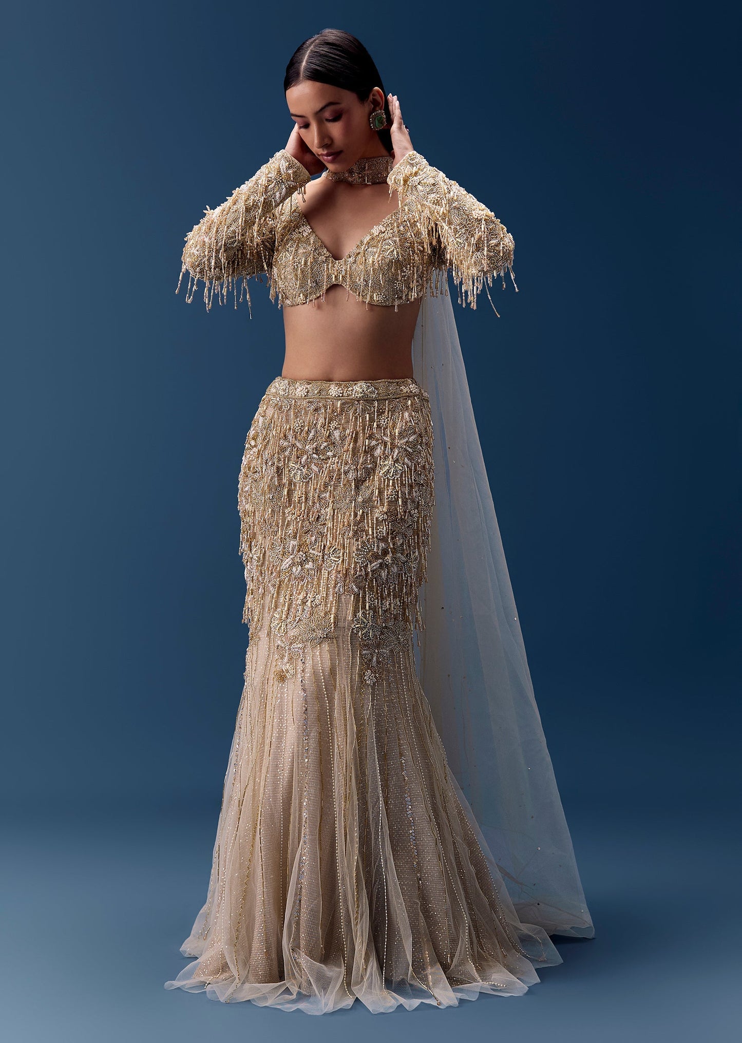 Gold Fishcut Lehenga With Blouse And Choker Dupatta