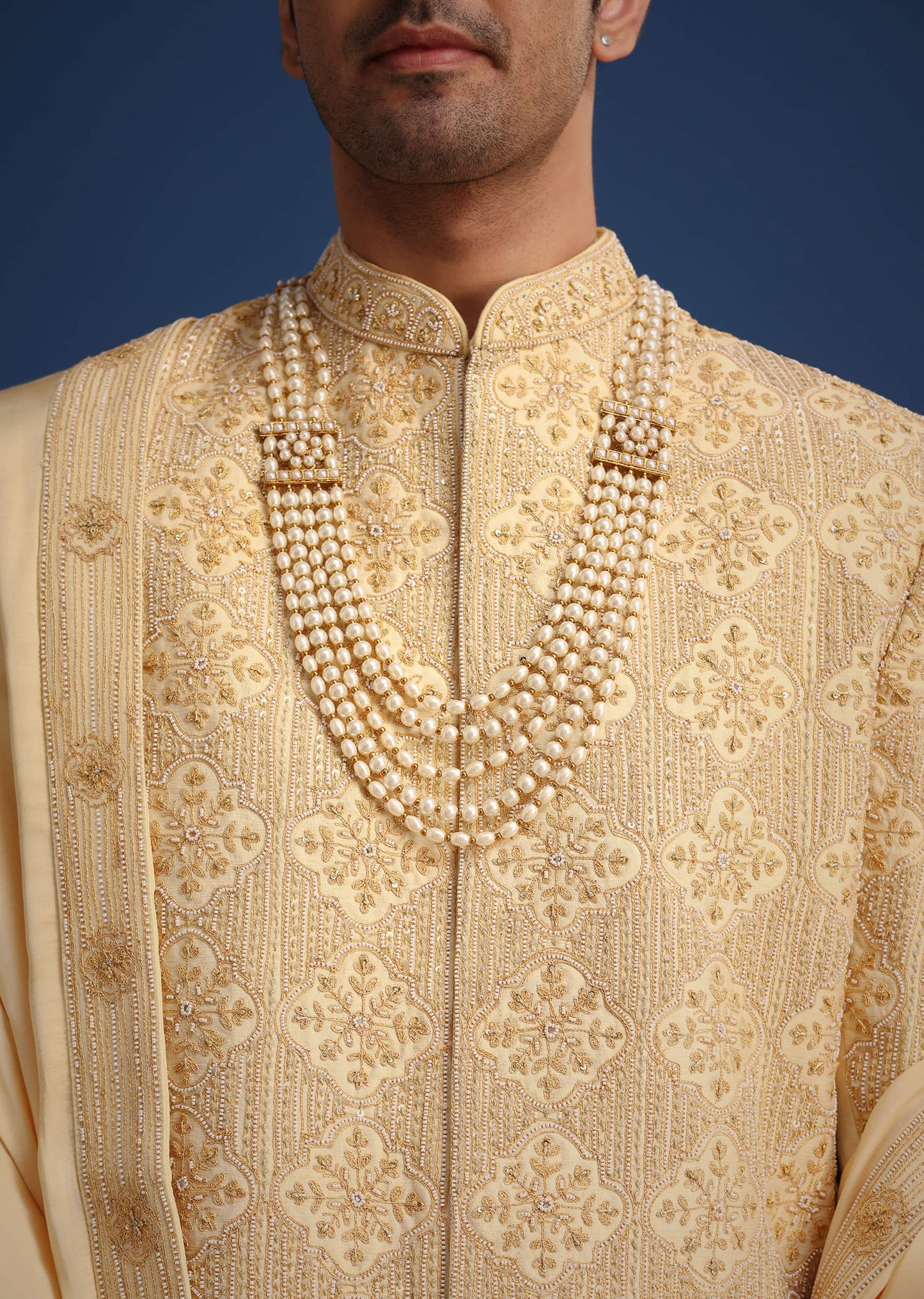 Gold Silk Embroidered Sherwani Set With Dupatta
