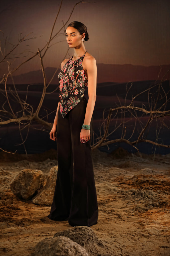 Women's Black Floral Corset Top with Pant