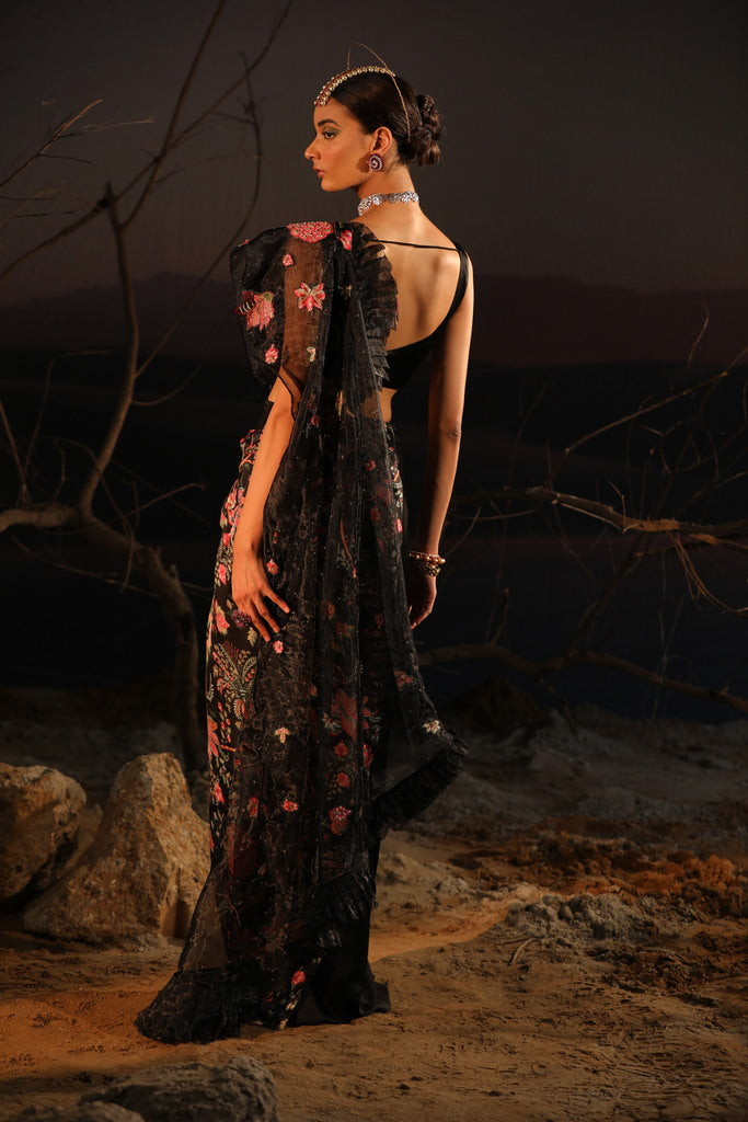 Women's Black Floral Embroidered Saree