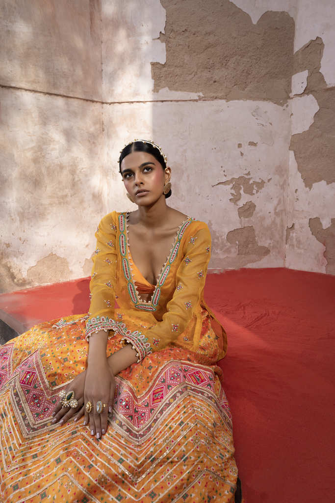 Women's Mustard Chevron Lehenga with Kurta