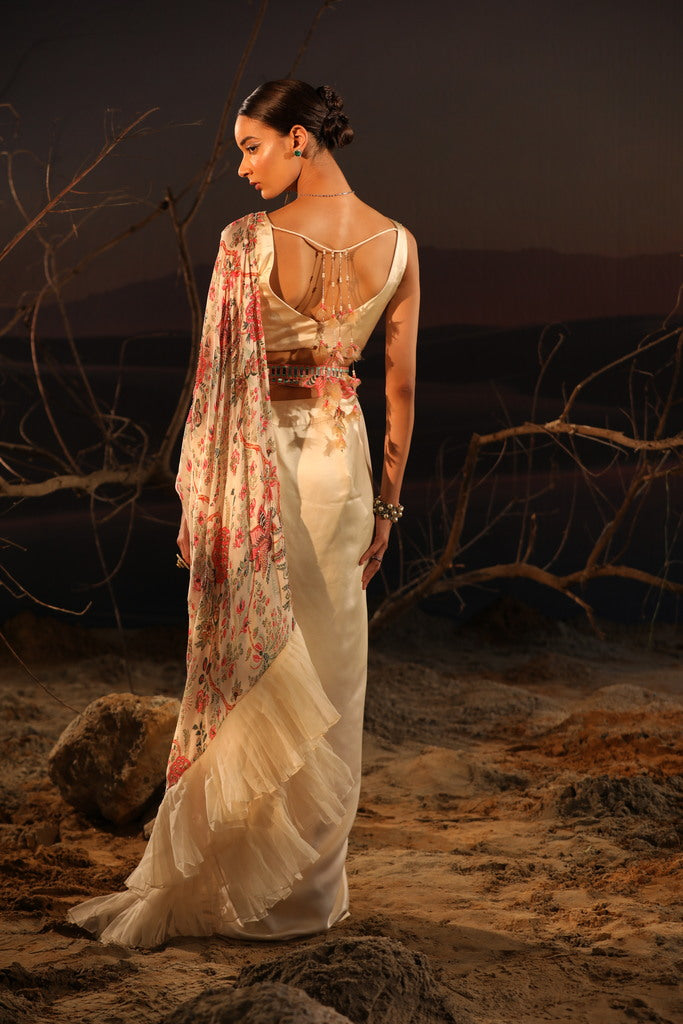 Designer Ivory Floral Satin Saree Set