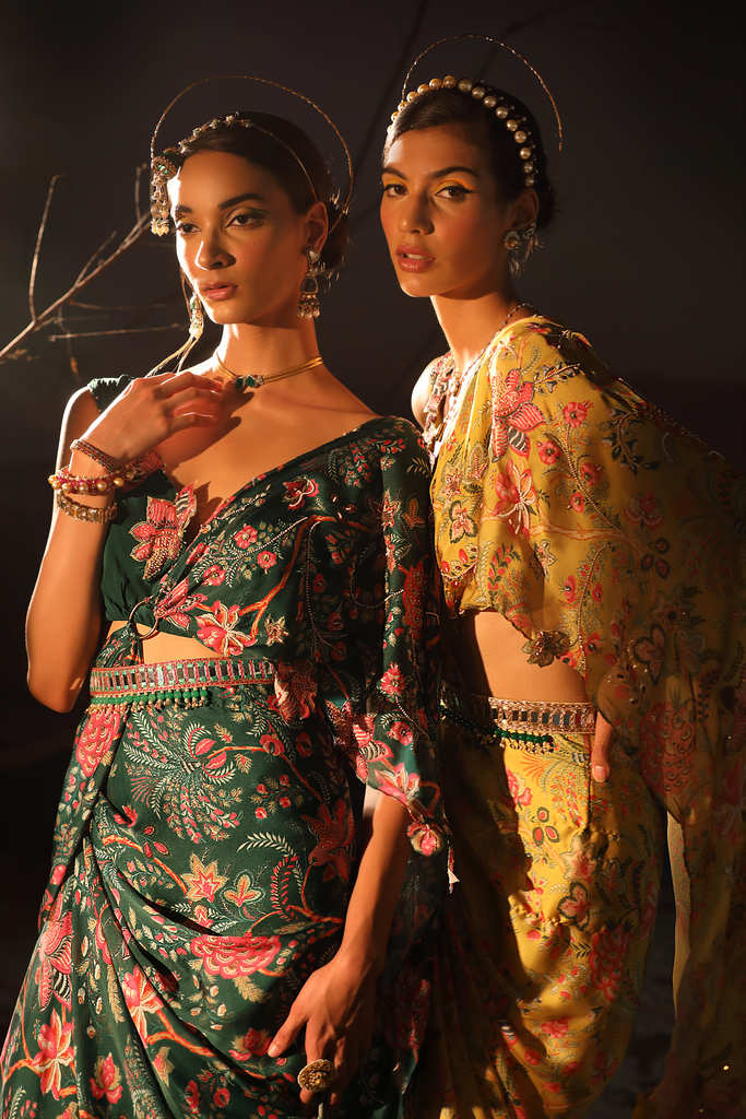 Women's Green Satin Organza Saree Set