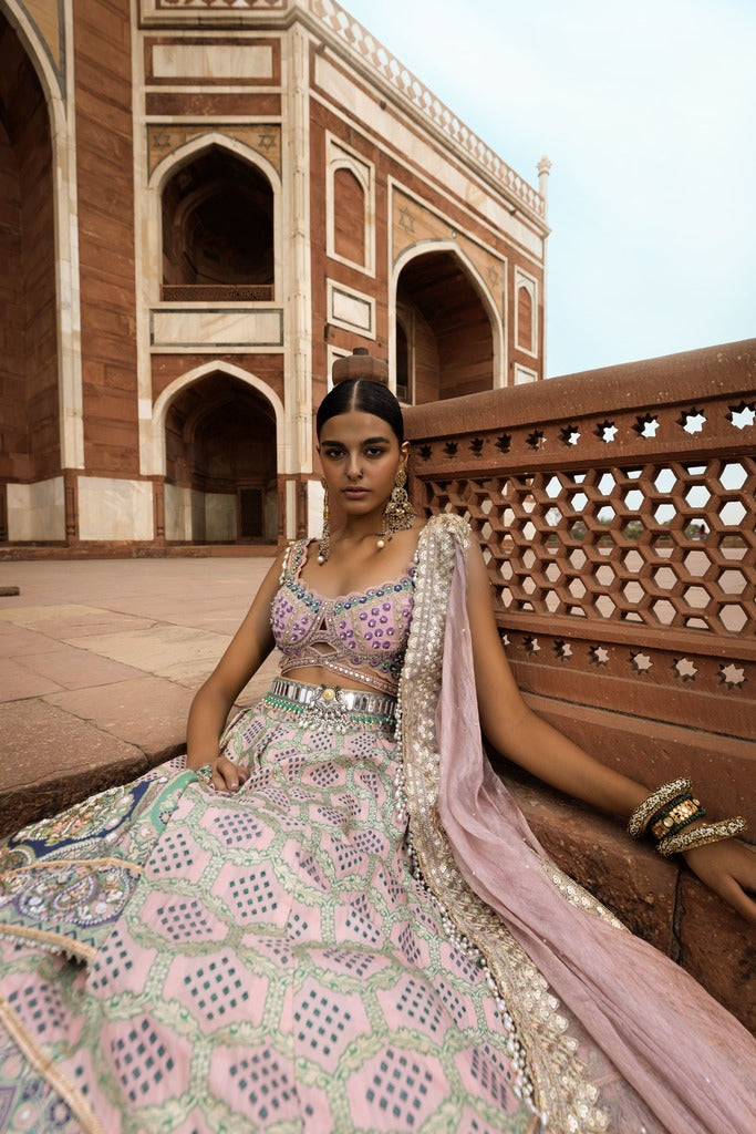 Powder Pink Bandhani Banarasi Lehenga