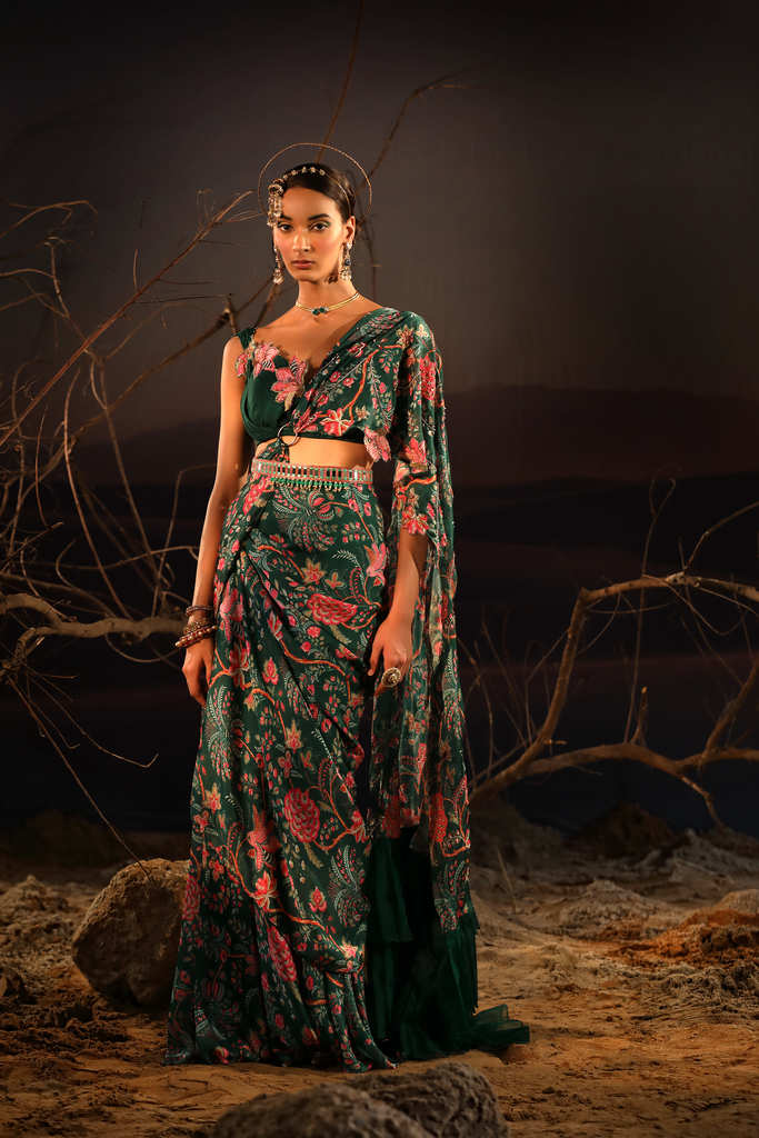 Women's Green Satin Organza Saree Set