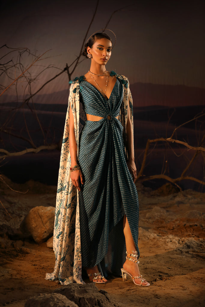 Women's Teal Blue Bandhni Dress With Cape