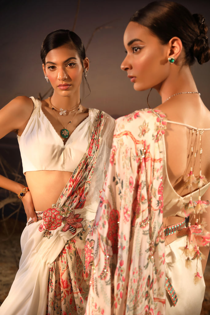 Designer Ivory Floral Satin Saree Set