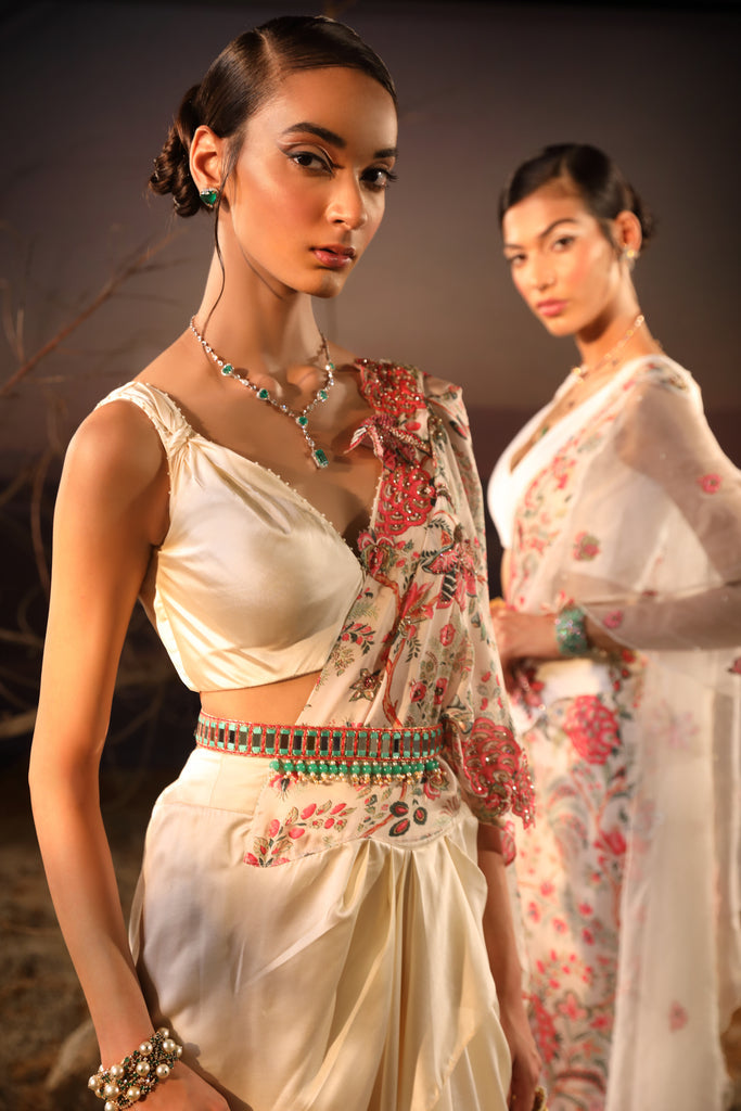 Designer Ivory Floral Satin Saree Set