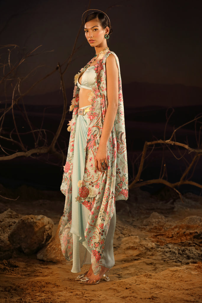 Women's Powder Blue Draped Skirt-Cape Set