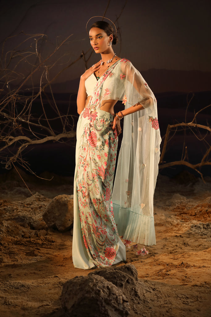 Women's Powder Blue Embroidered Organza Saree