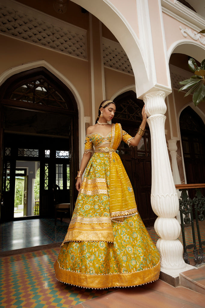 Women's Yellow Embroidered Jamawar Lehenga frontview