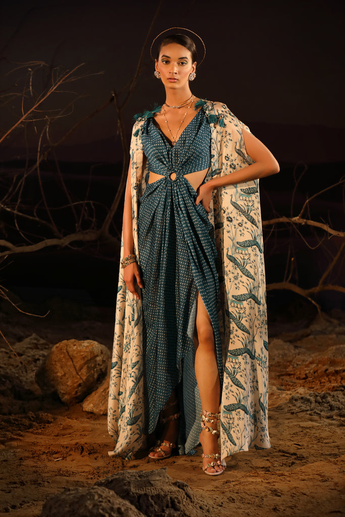 Women's Teal Blue Bandhni Dress With Cape
