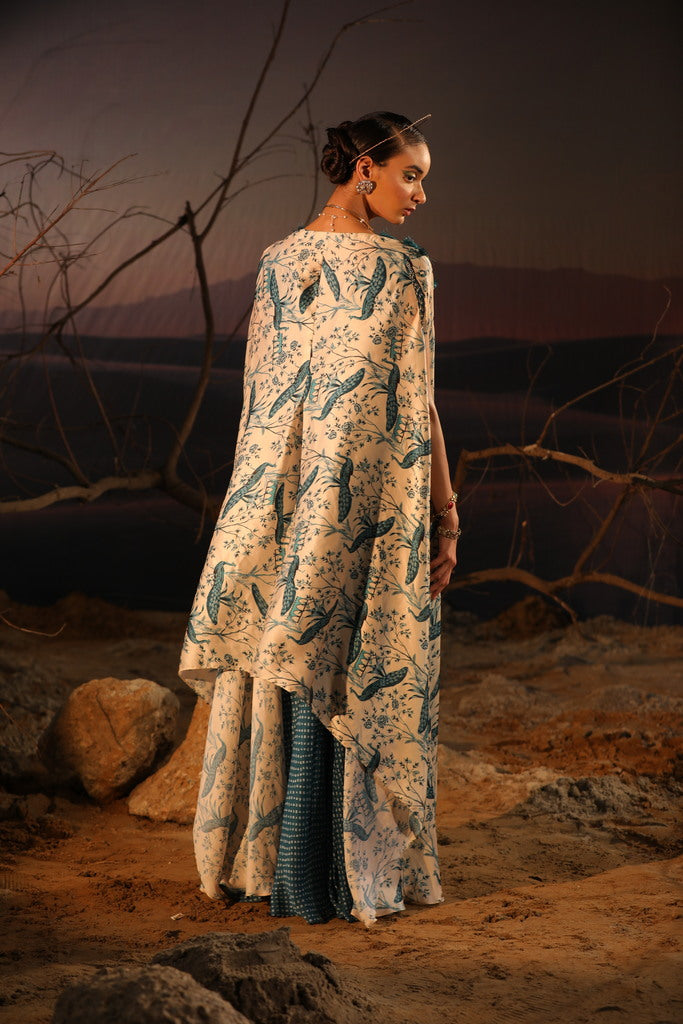 Women's Teal Blue Dress With Ivory Cape backview