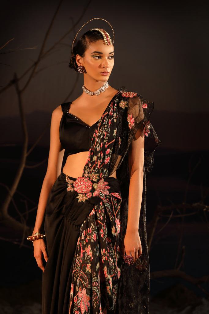 Women's Black Floral Embroidered Saree