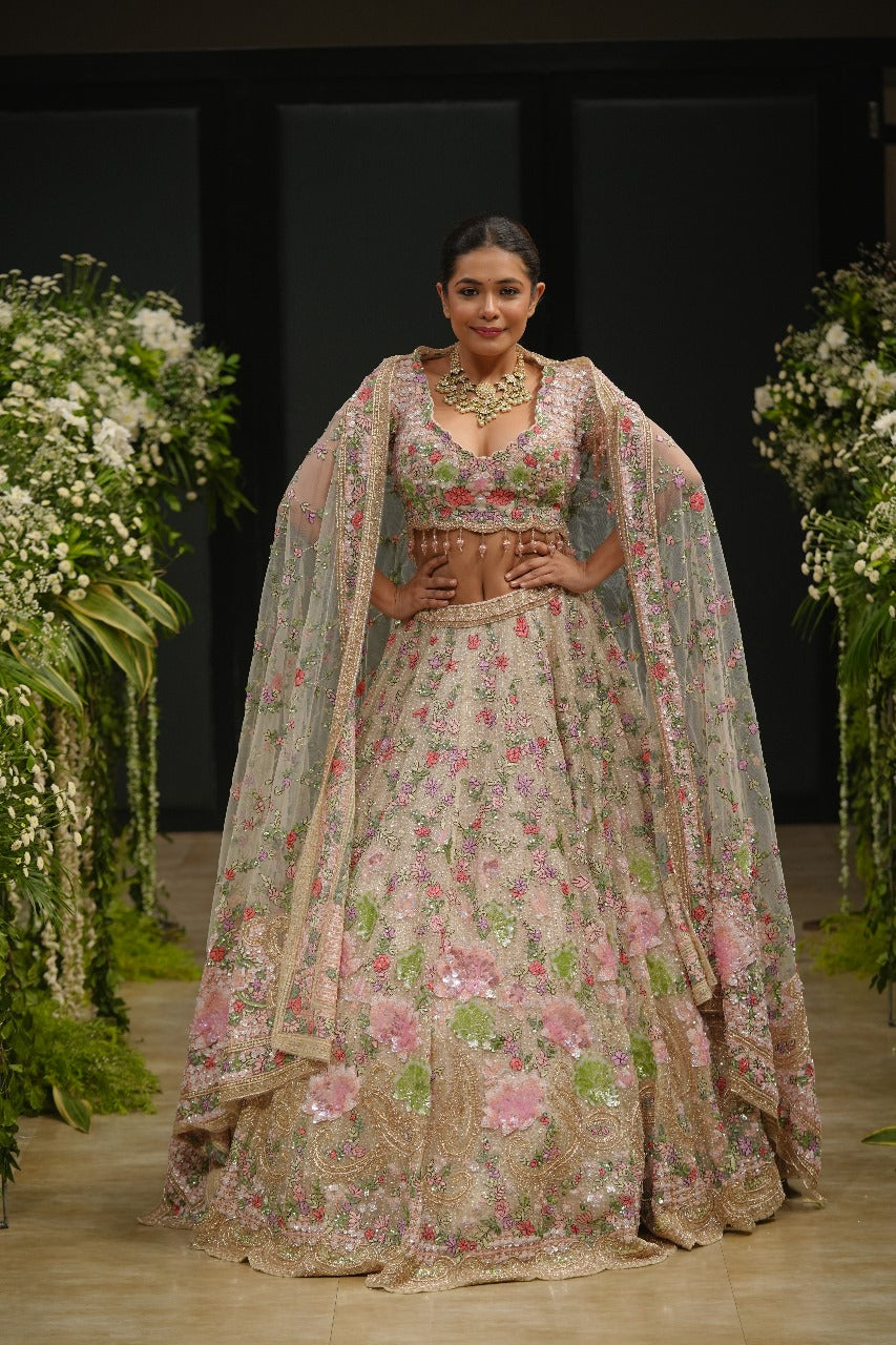 Ivory Organza Hand & Machine Sequins Embroidered Lehenga Set