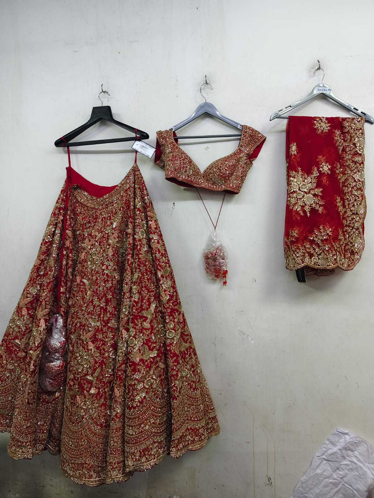 Red Raw Silk Zari Hand & Machine Embroidered Lehenga Set