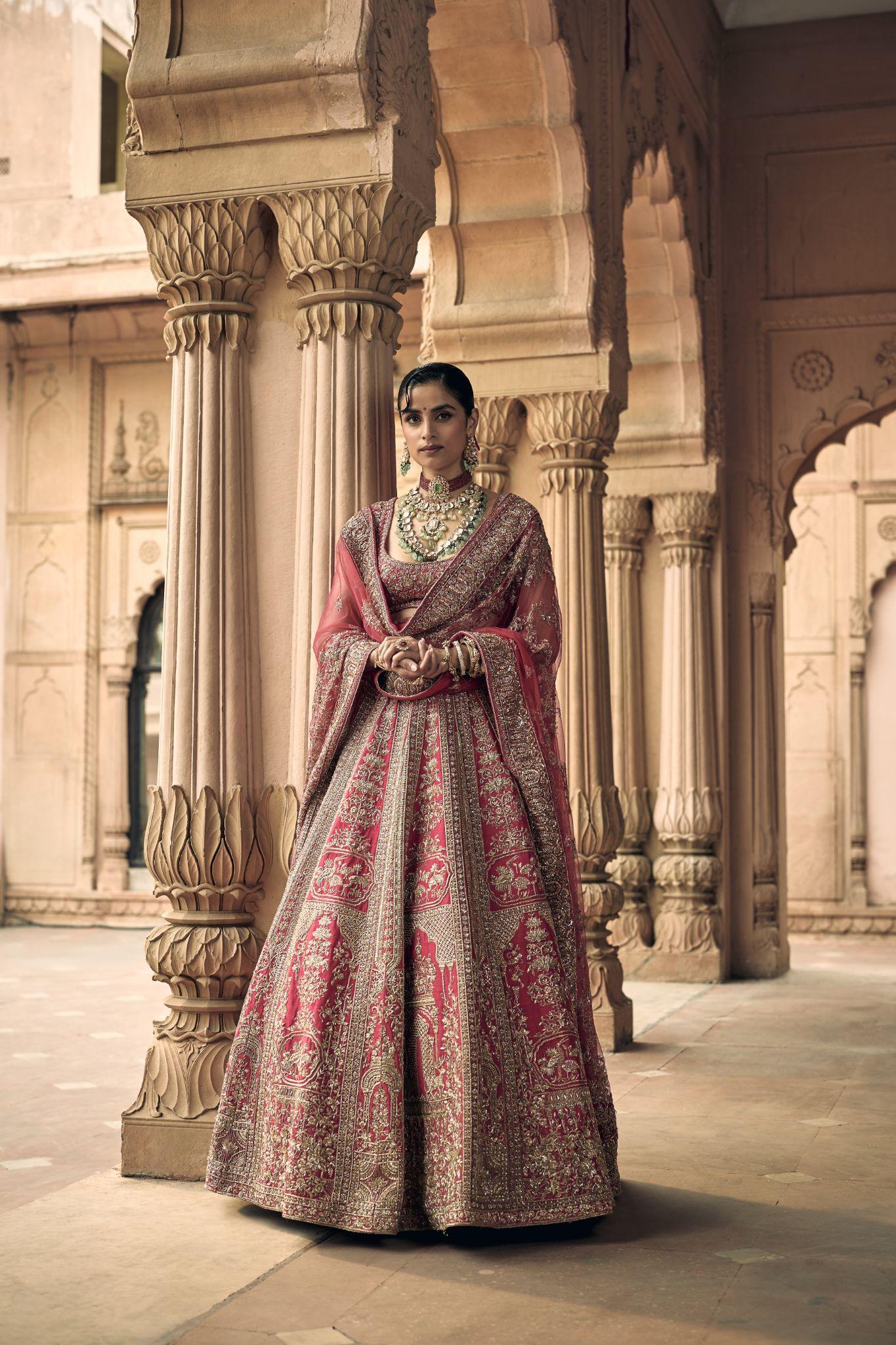 Rani Pink Raw Silk Zari Hand & Machine Embroidered Lehenga Set