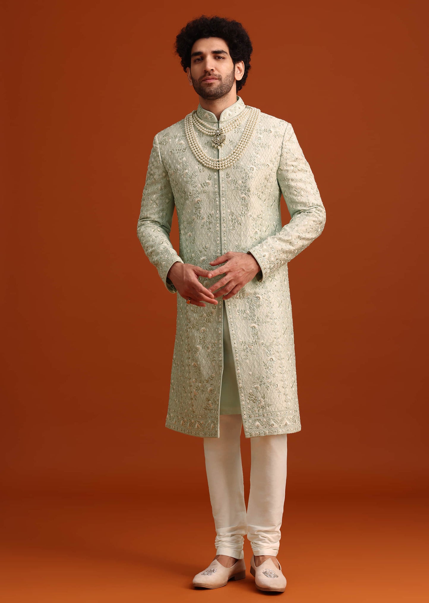 Mint Green Silk Sherwani Set With Sequin Work