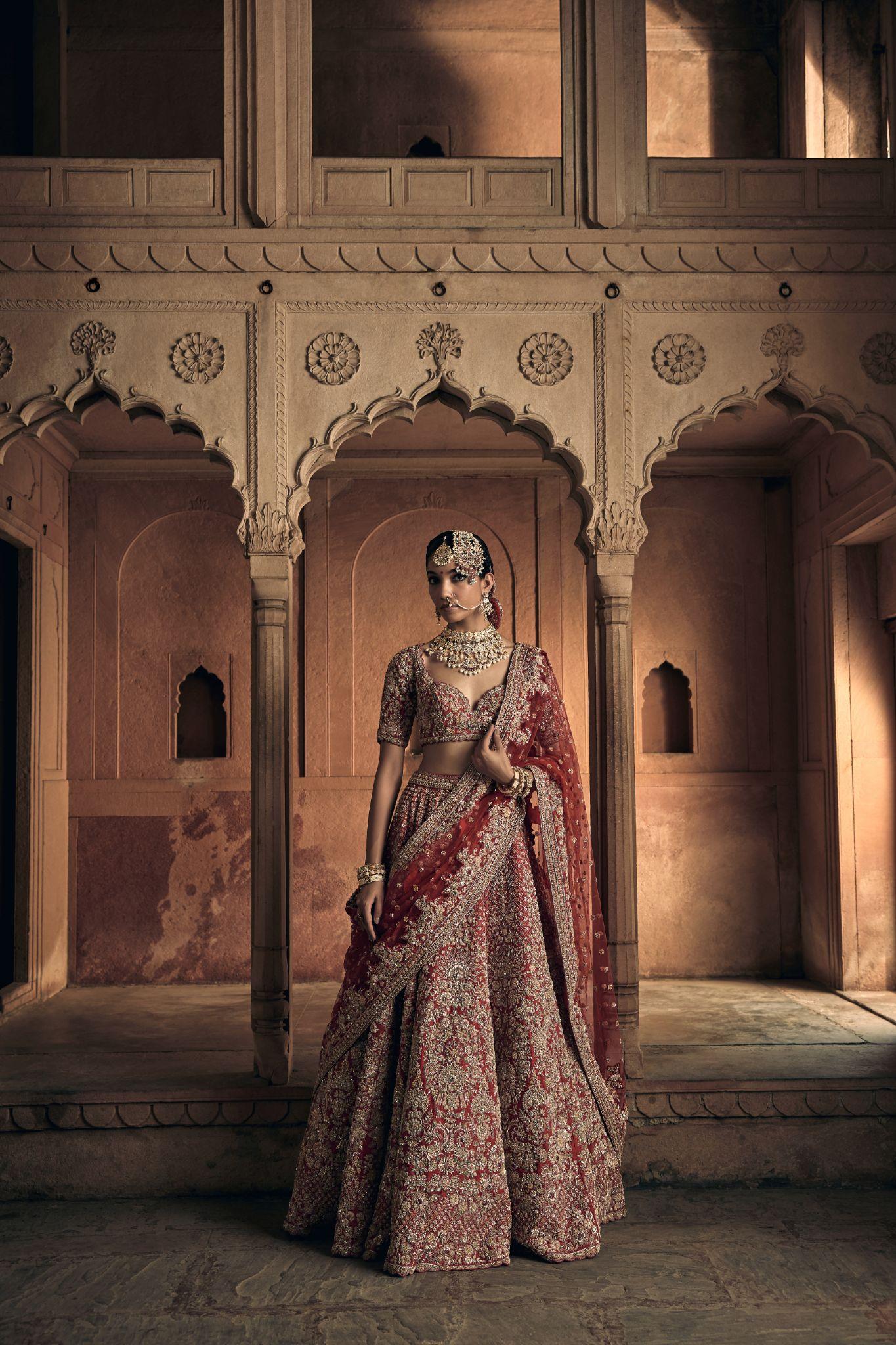 Red Raw Silk Zari Hand & Machine Embroidered Lehenga Set