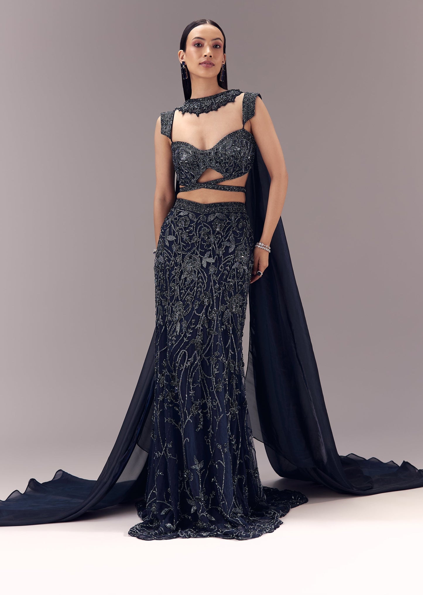 Navy Blue Embellished Fishcut Lehenga Set With Choker Dupatta