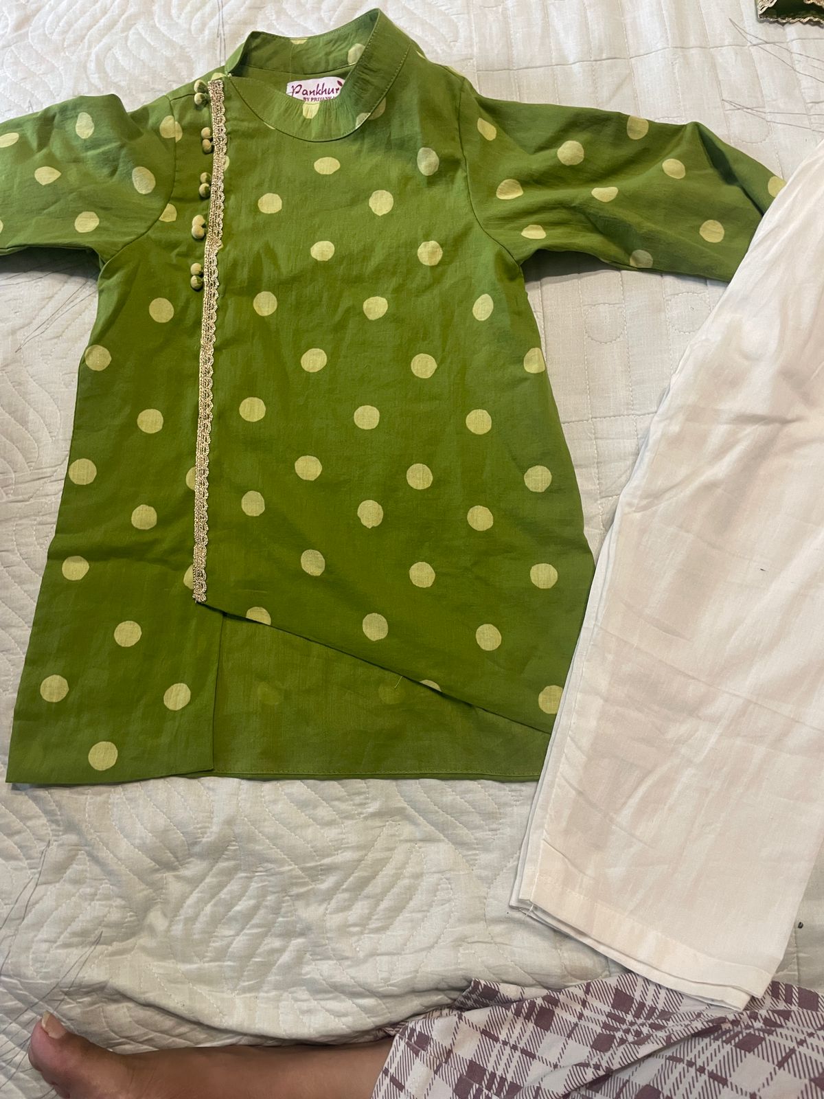 Green polka dot handblock printed kurta set