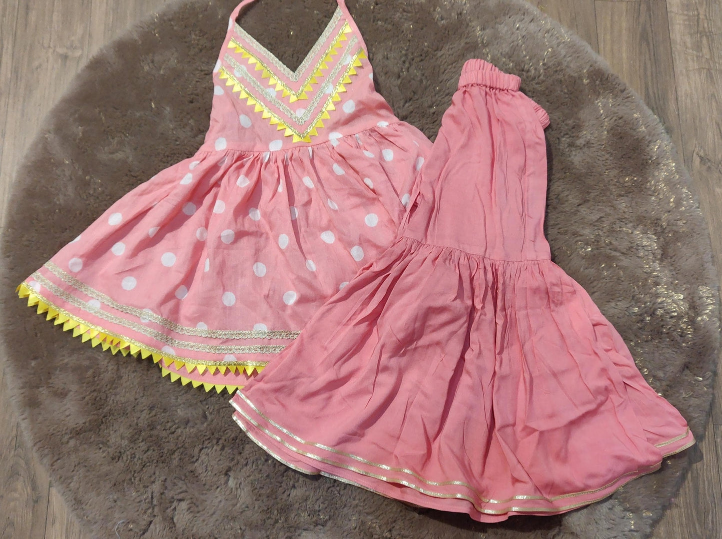 Pink polka block printed halter kurta with sharara set - set of 2