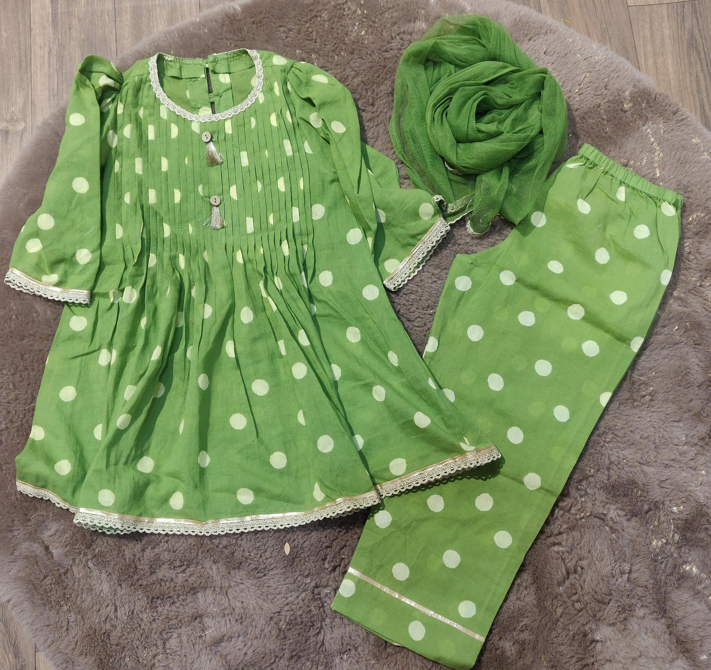 Green polka dot handblock printed pleated kurta with pants paired with dupatta - set of 3