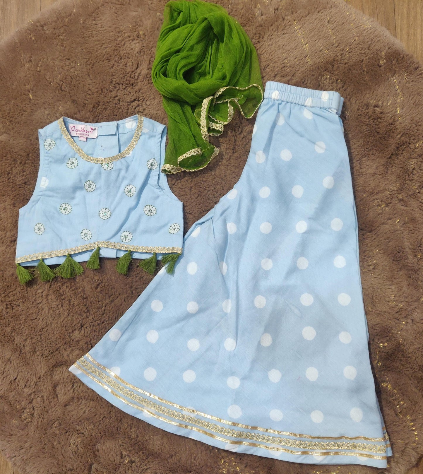 Blue hand block printed choli paired with flared palazzo pants and dupatta - set of 3