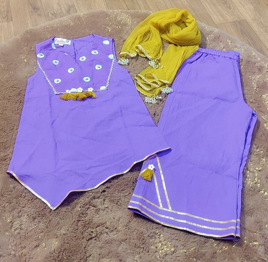 Purple handblock polka printed asymmetric kurta paired with palazzo pants and dupatta - set of 3