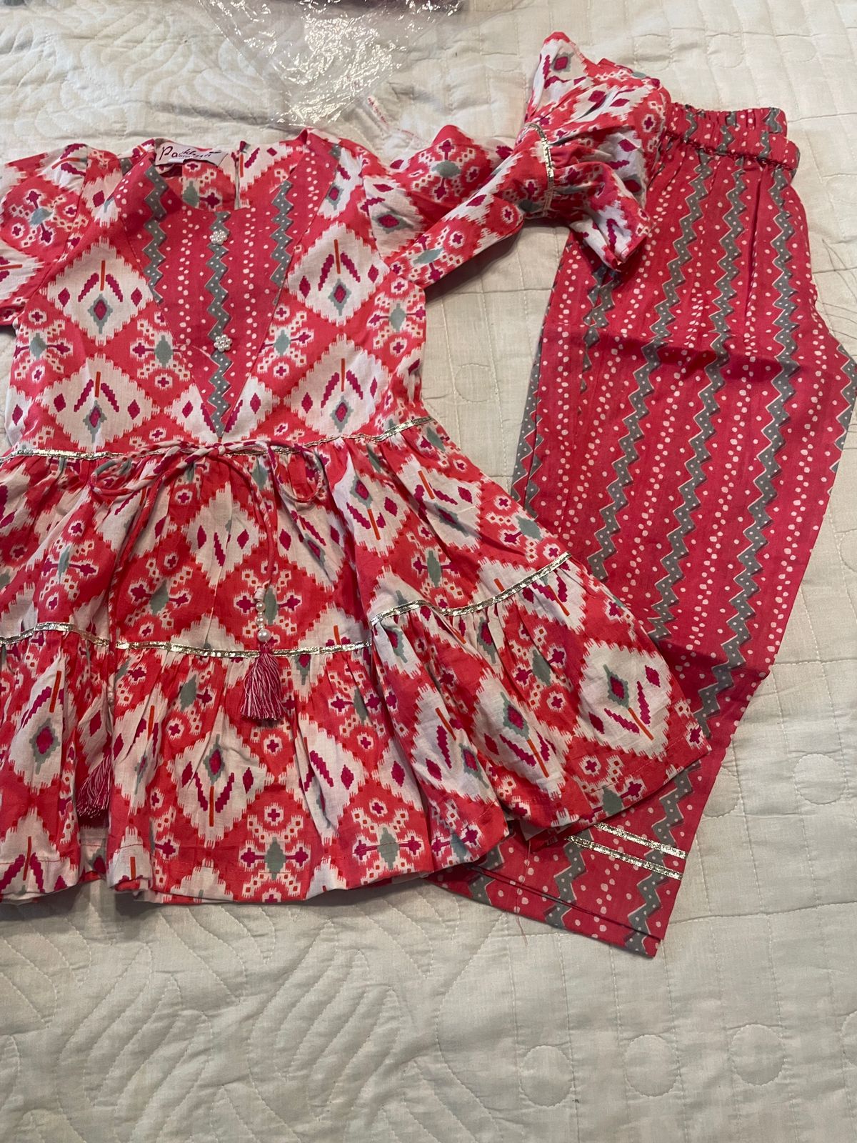 Red printed gheri kurta with pants