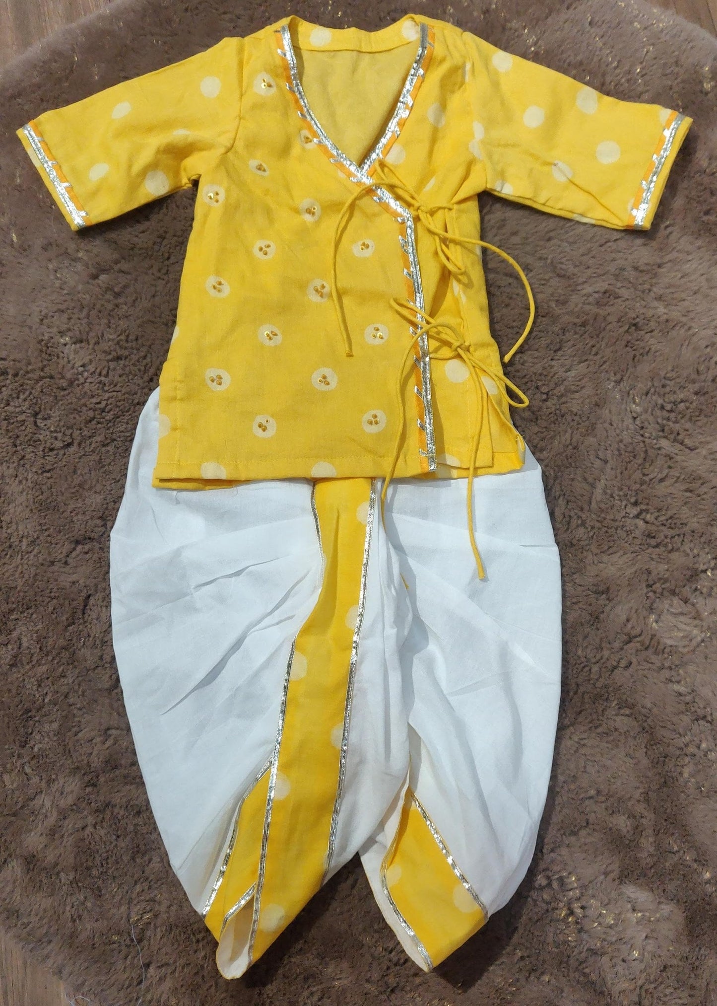 Yellow polka handblock printed Angrakha kurta with dhoti pants - set of 2