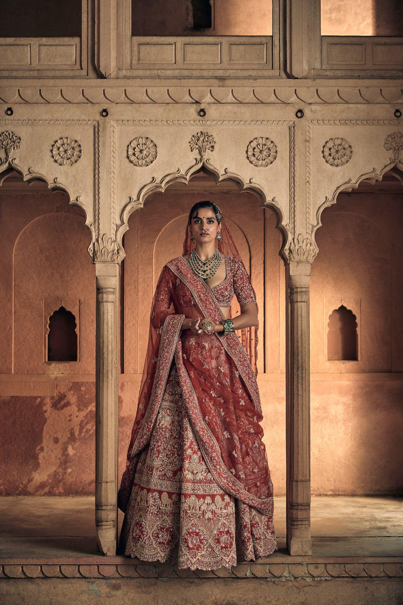Red Raw Silk Zari Hand & Machine Embroidered Lehenga Set