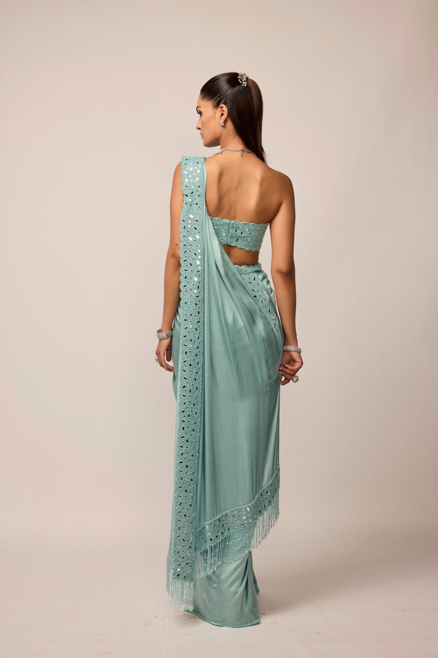Powder Blue Satin Draped Saree Set