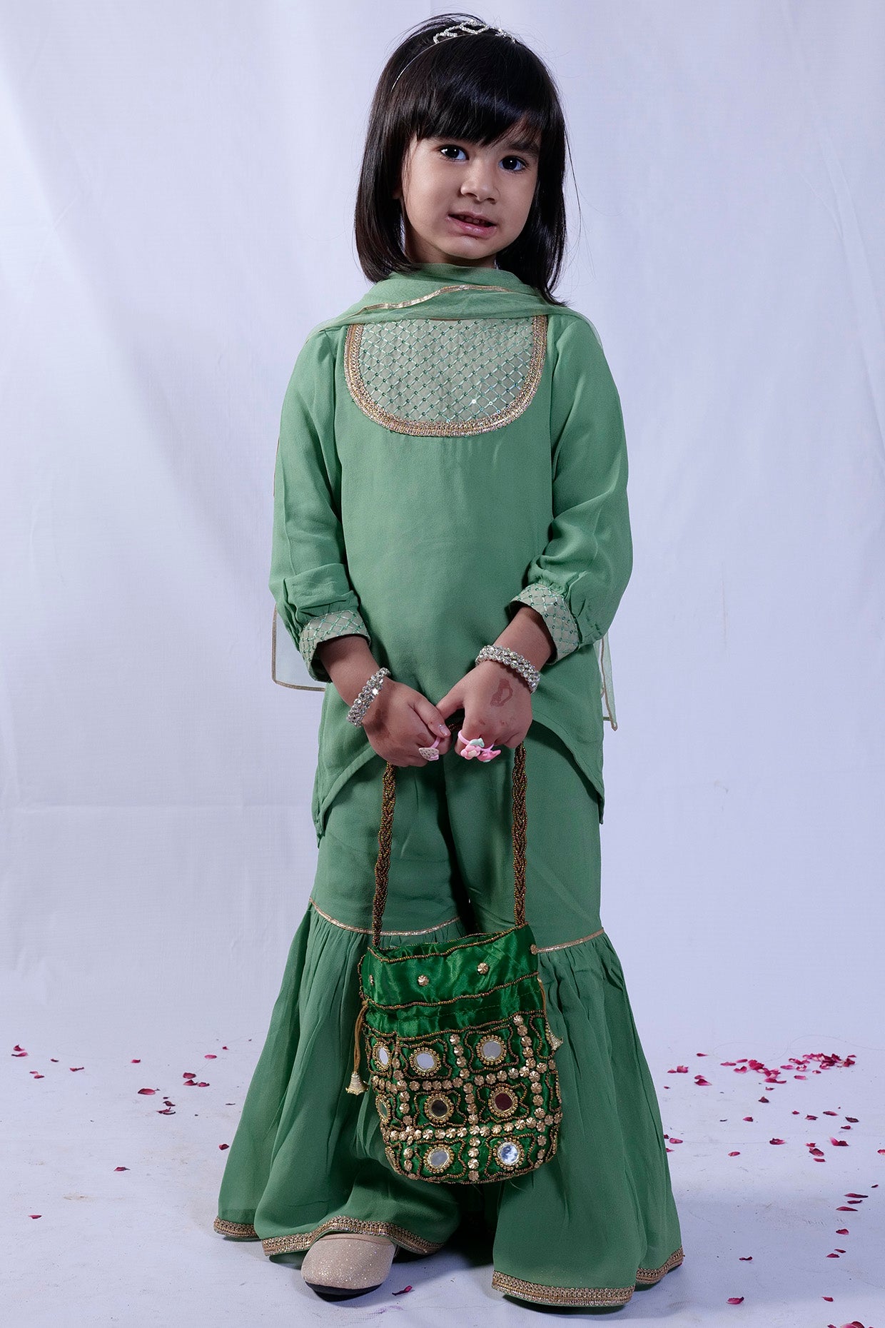Ceramic Green Georgette Gharara Set For Girls by Pankhuri by Priyanka - Kids at Pernia's Pop Up Shop