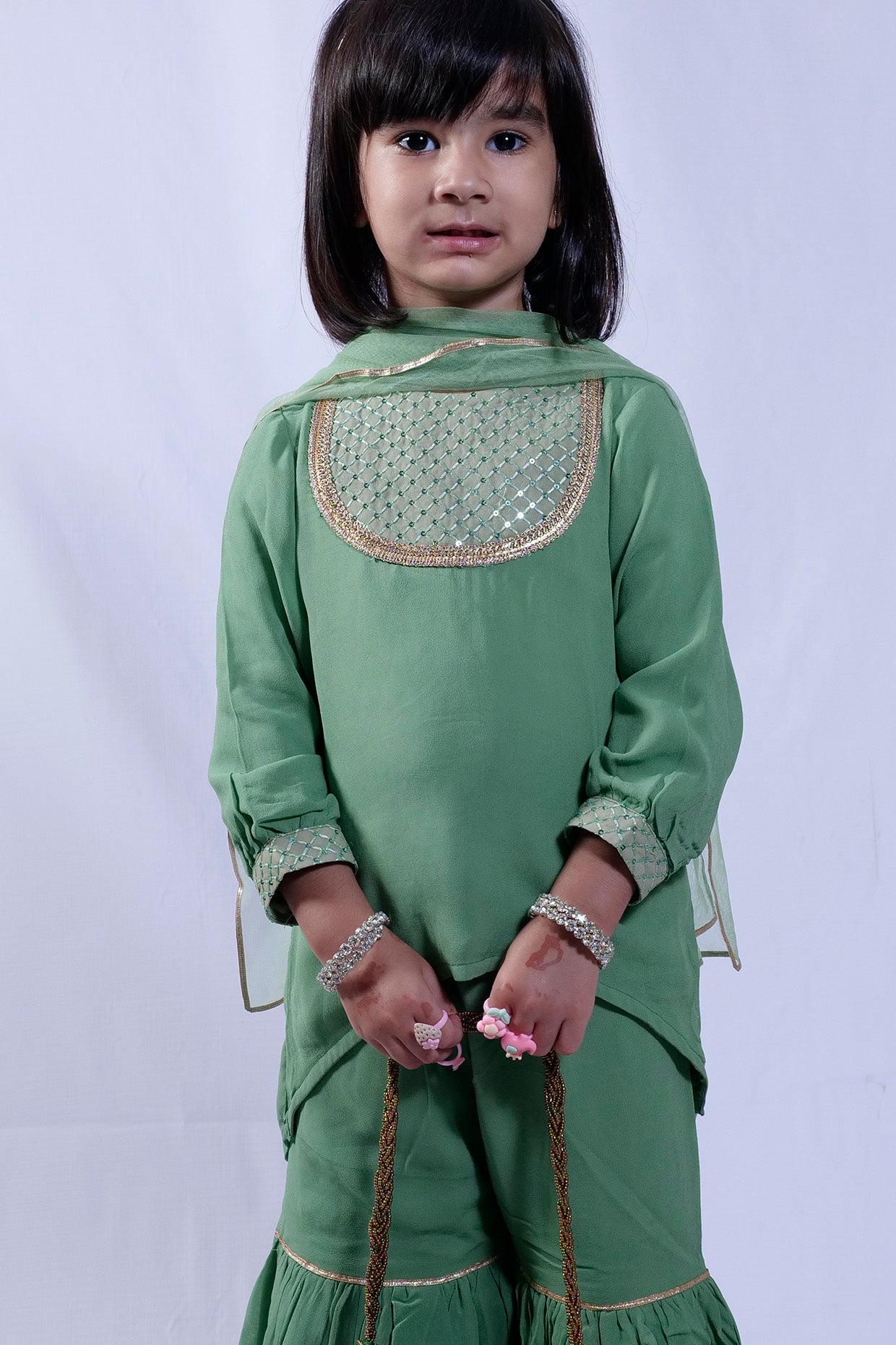 Ceramic Green Georgette Gharara Set For Girls by Pankhuri by Priyanka - Kids at Pernia's Pop Up Shop