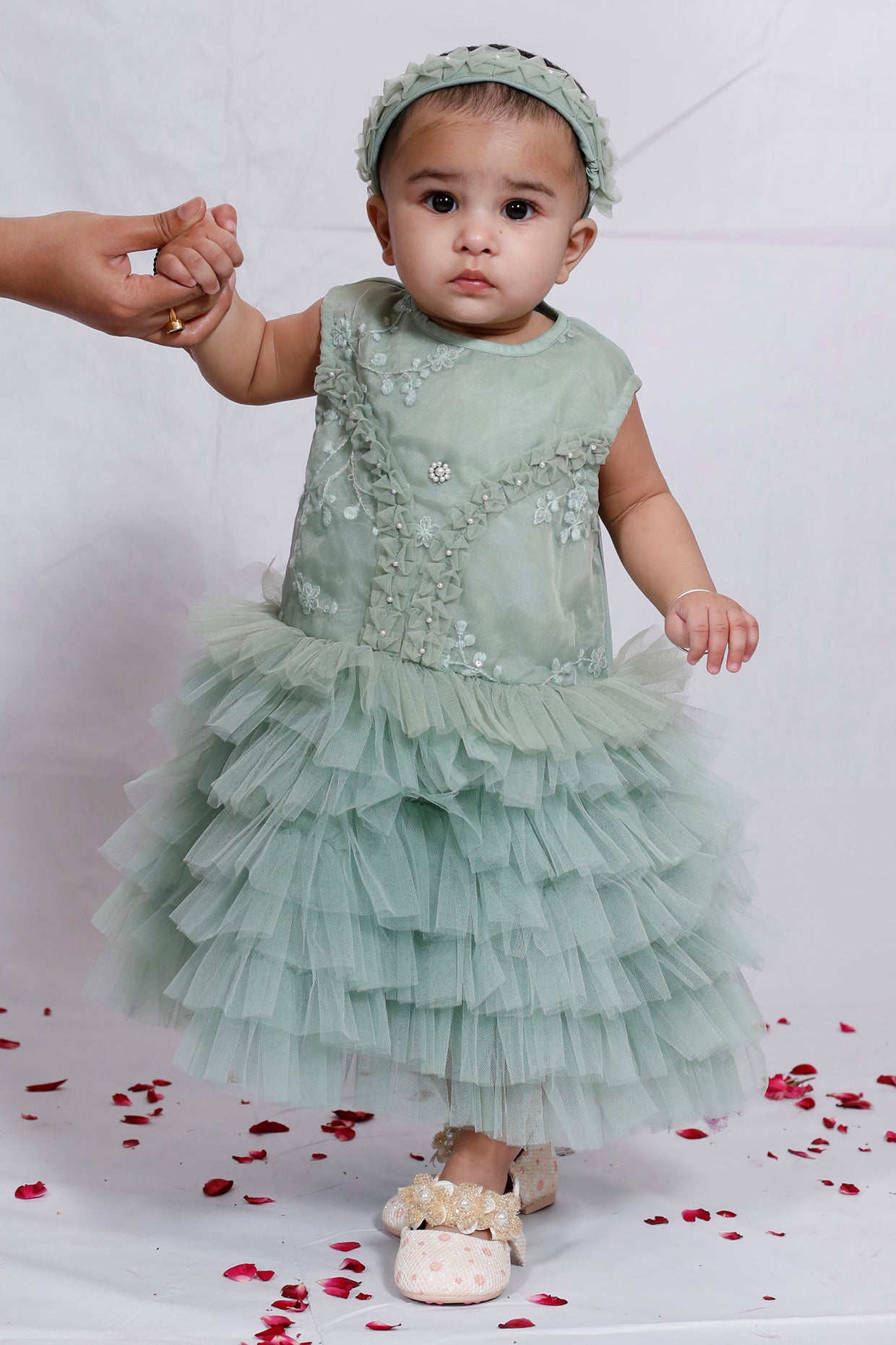 Sea Green Embroidered Frock For Girls by Pankhuri by Priyanka - Kids at Pernia's Pop Up Shop