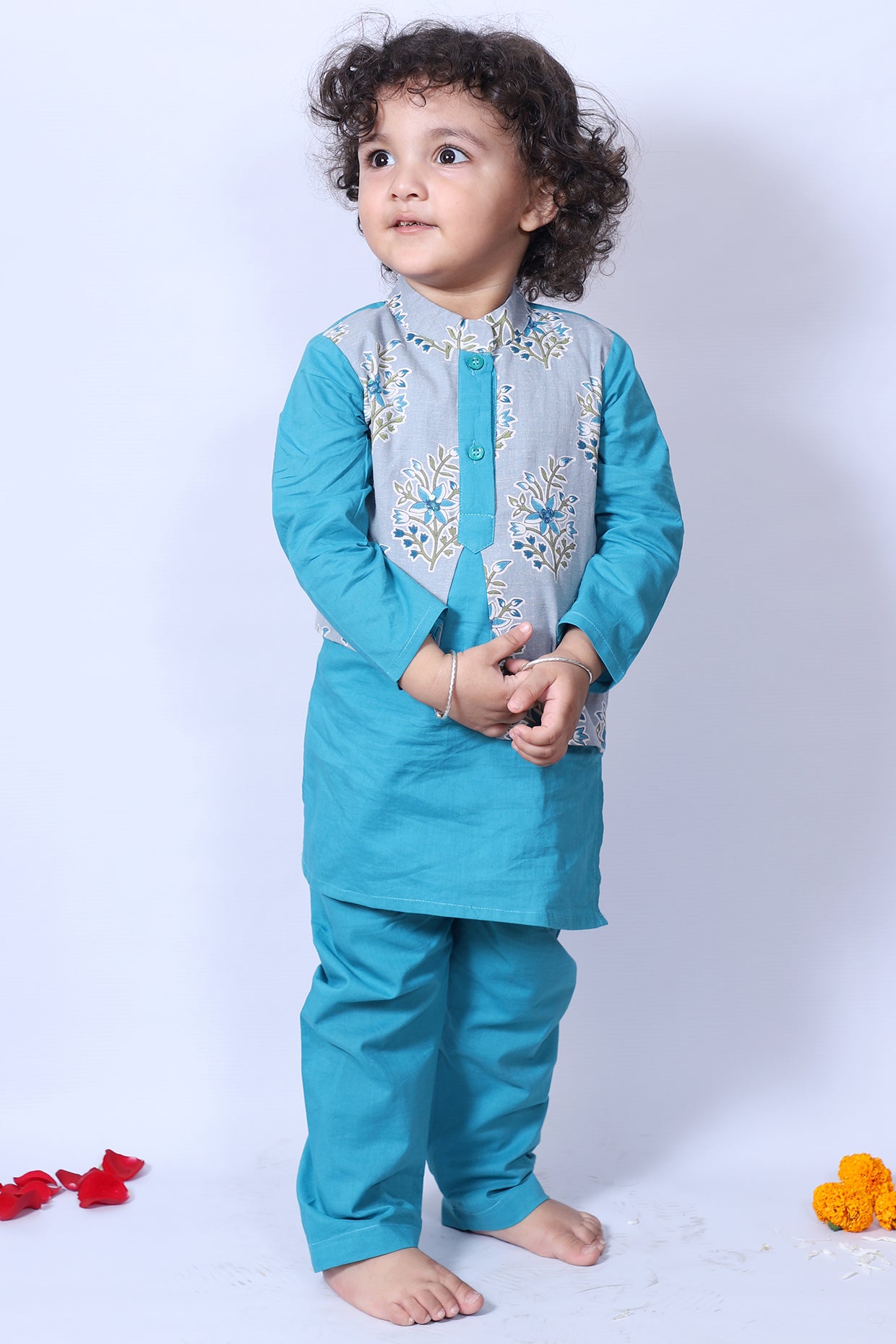 Blue & Grey Hand Embroidered Kurta Set For Boys by Pankhuri by Priyanka - Kids at Pernia's Pop Up Shop