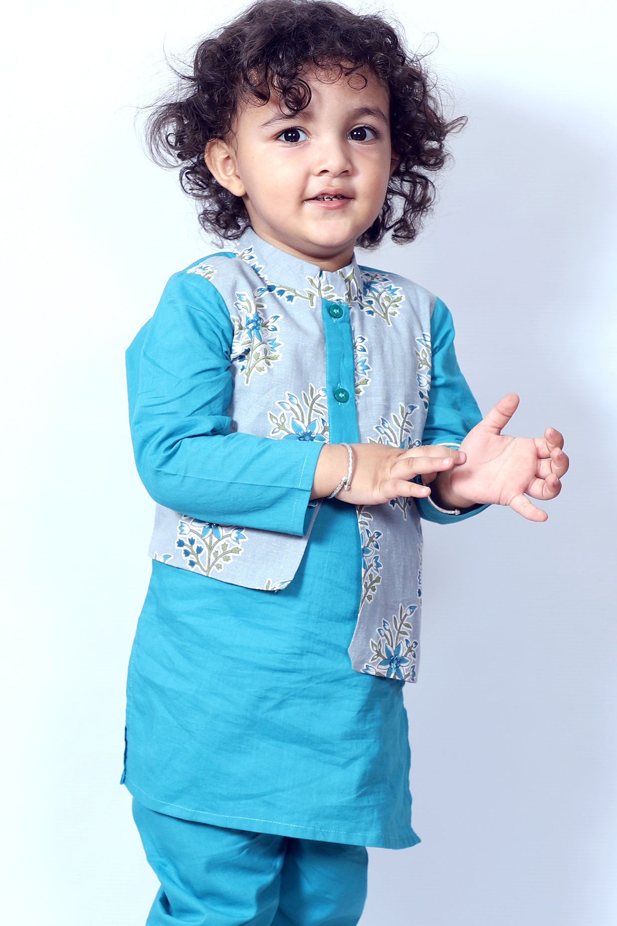 Blue & Grey Hand Embroidered Kurta Set For Boys by Pankhuri by Priyanka - Kids at Pernia's Pop Up Shop