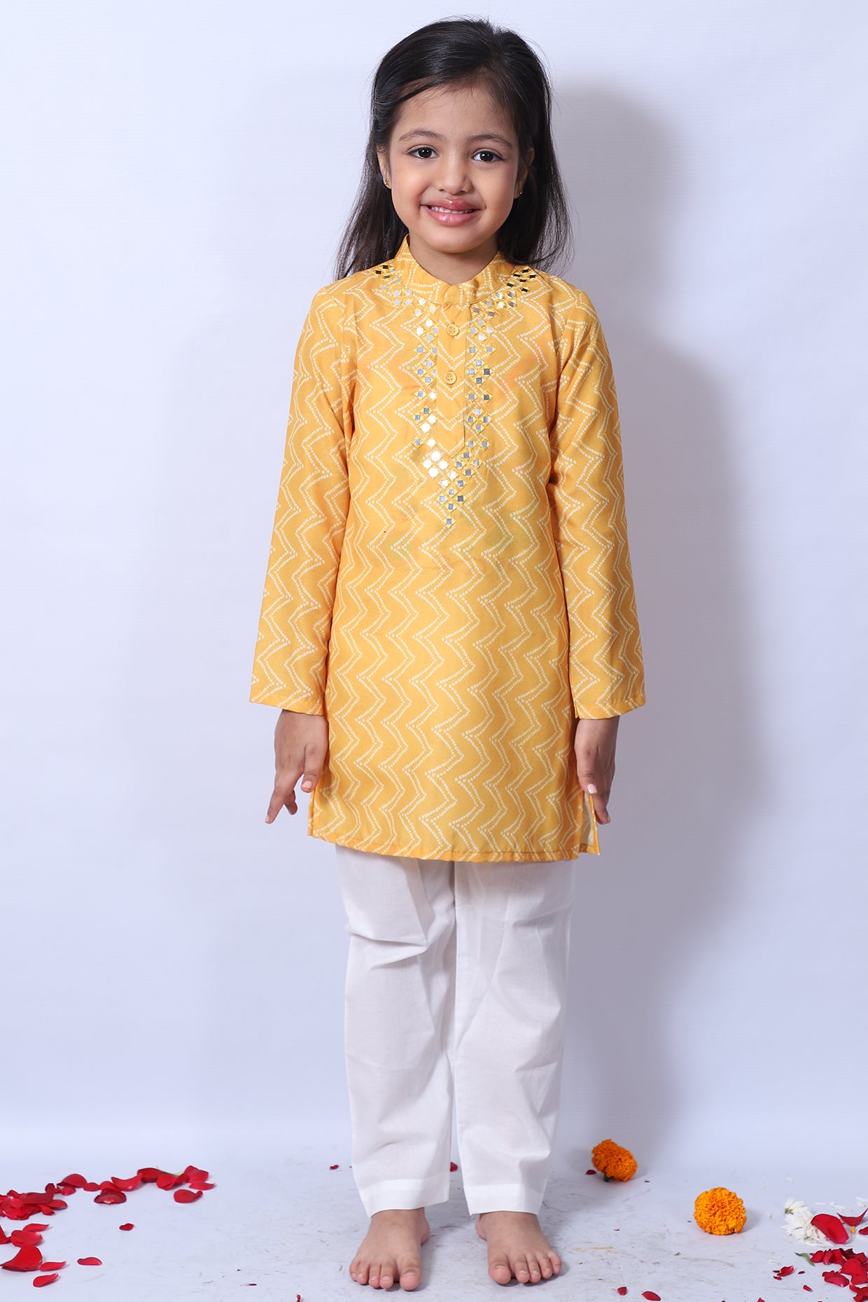 Turmeric Yellow Kurta Set With Mirror Work For Boys by Pankhuri by Priyanka - Kids at Pernia's Pop Up Shop