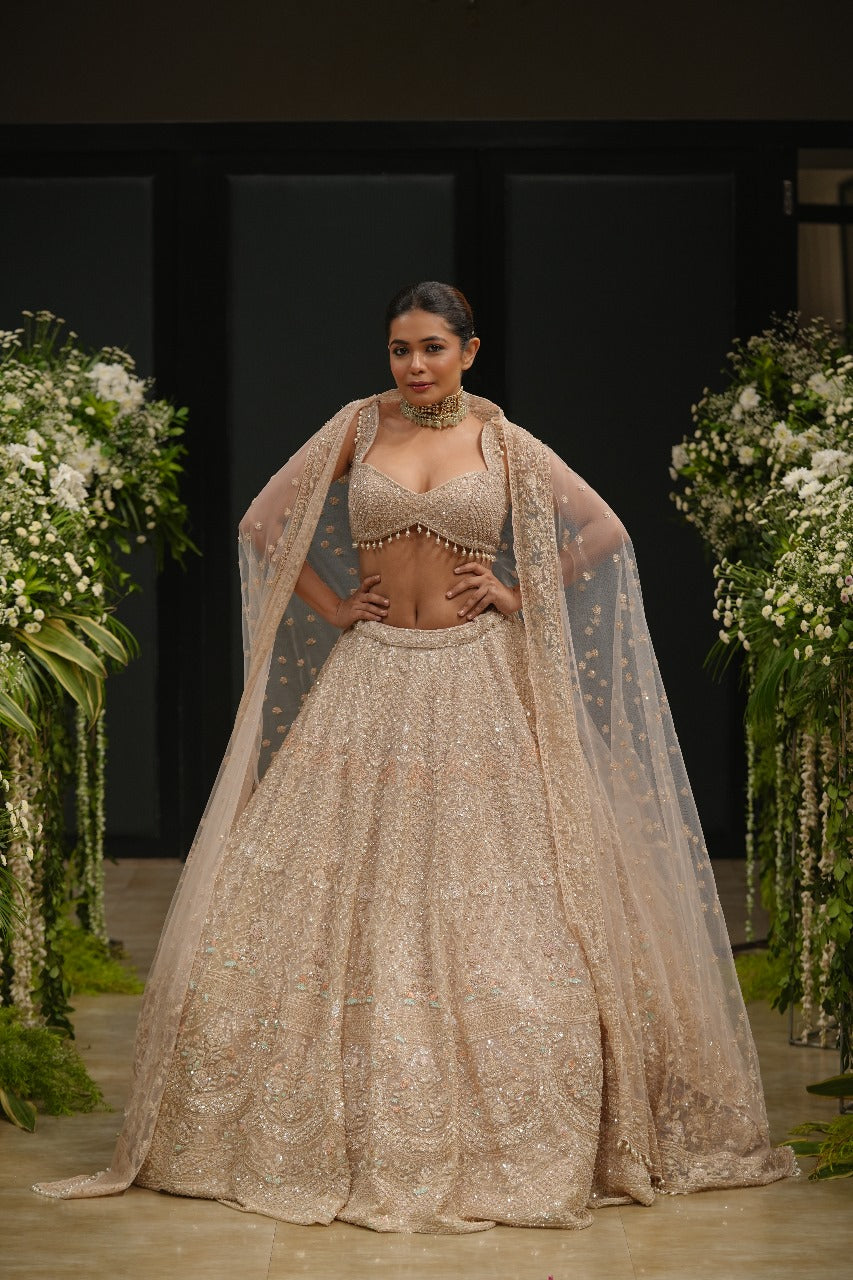 Peach Organza Hand & Machine Sequins Embroidered Lehenga Set