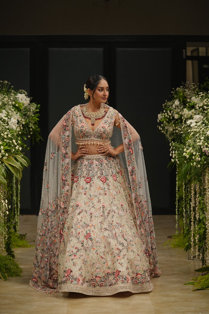 Peach Organza Hand & Machine Sequins Embroidered Lehenga Set