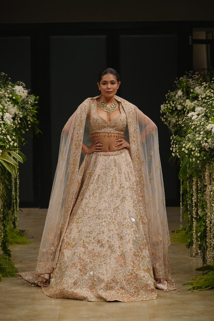 Peach Raw Silk Zari Hand & Machine Embroidered Lehenga Set
