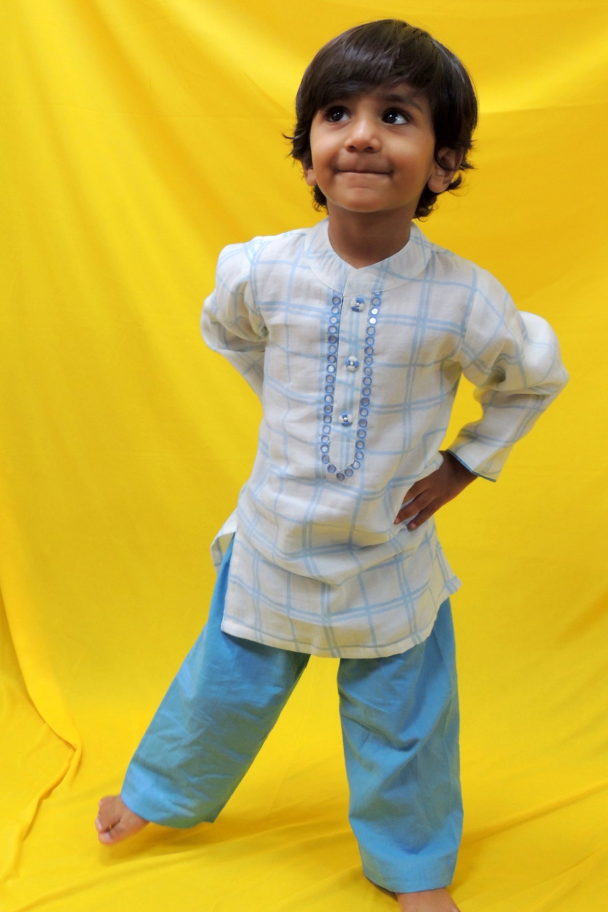 Powder Blue Pure Chanderi Hand Block Printed Kurta Set For Boys by Pankhuri by Priyanka - Kids at Pernia's Pop Up Shop