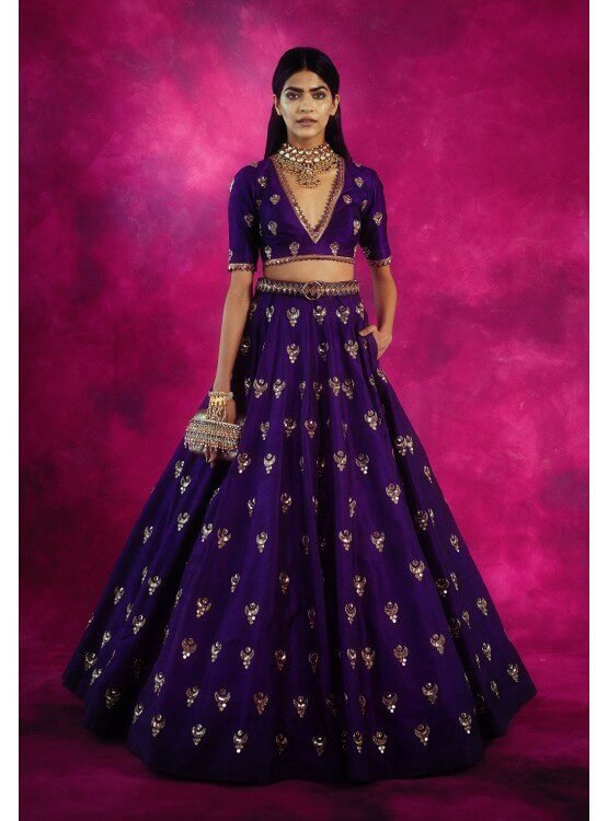 Purple Chand Boota Crop Top Skirt Set