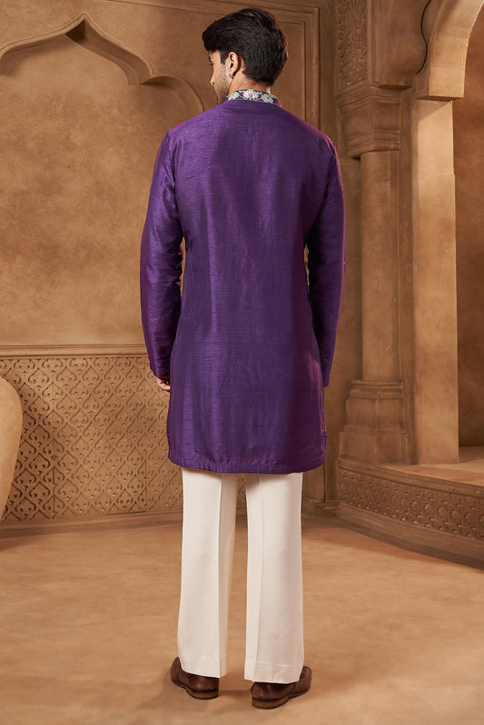 Purple Raw Silk Tropical Yoke Kurta Set