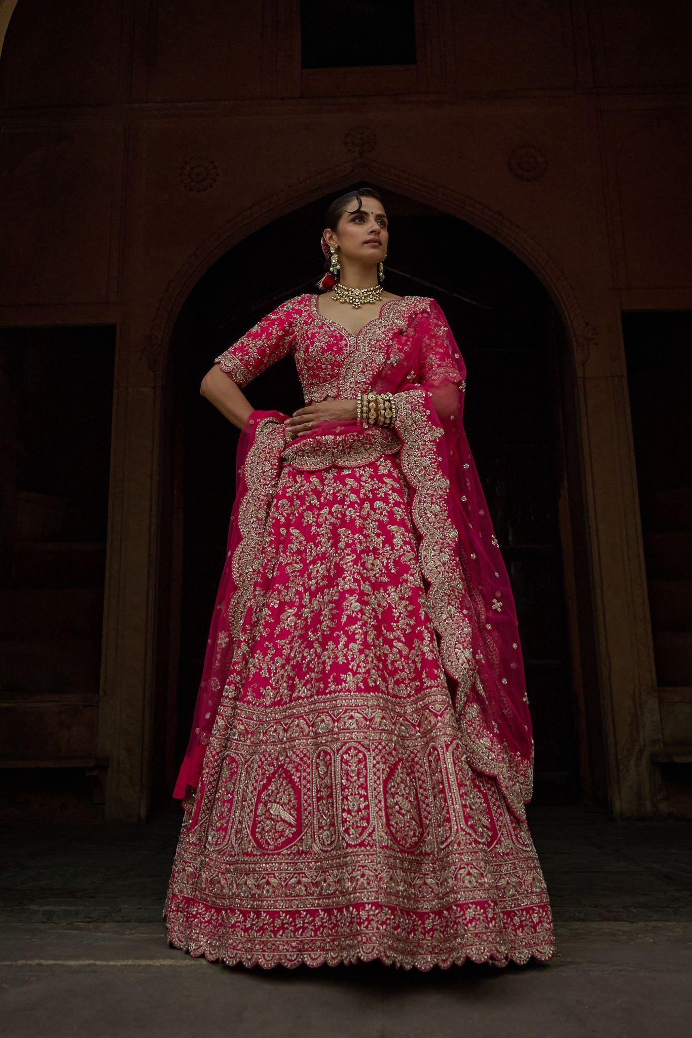 Rani Pink Raw Silk Zari Hand & Machine Embroidered Lehenga Set